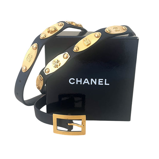 Chanel Black Leather Medallion Belt | Black & Gold 96P