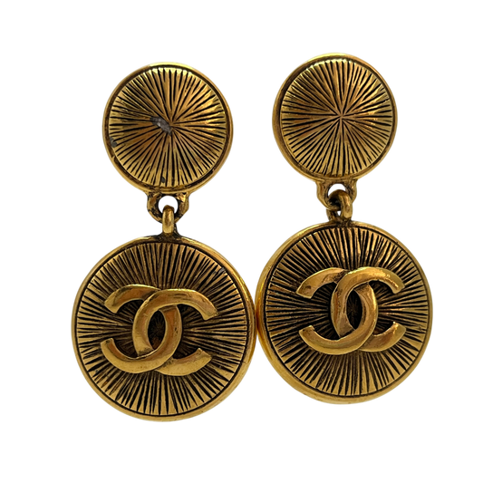 Chanel Medallion Drop Earrings | Gold 1980's